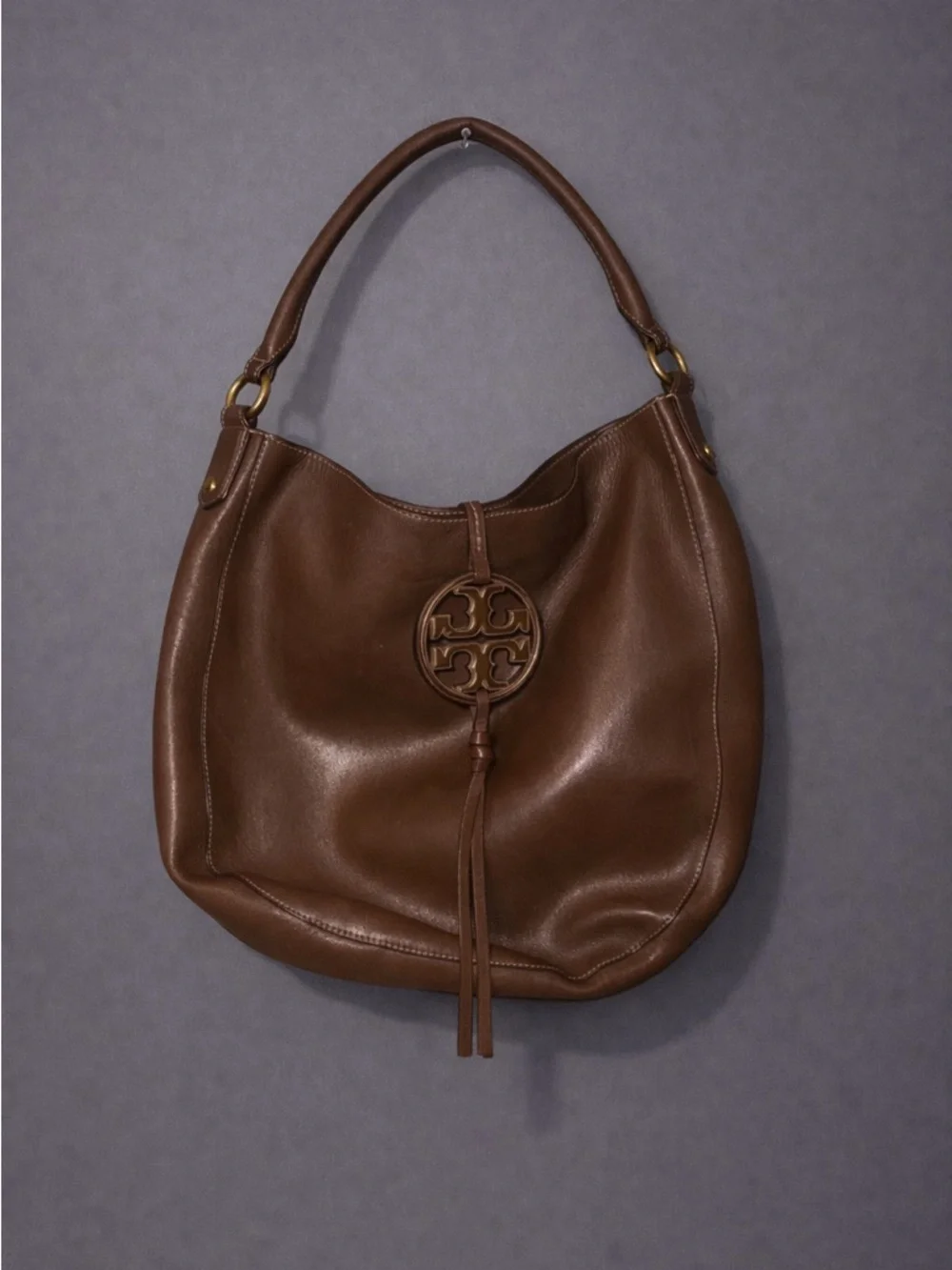 Tory Burch Metal Miller Slouchy Hobo Leather Shoulder Bag Chocolate